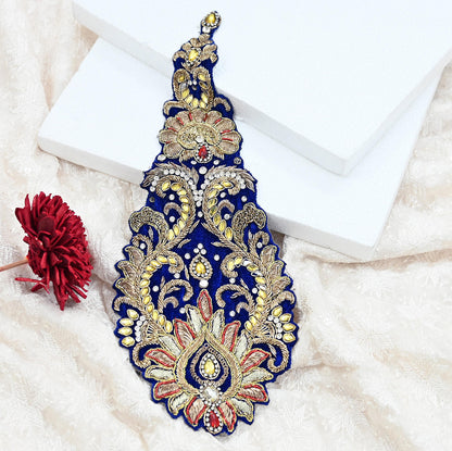 Indian Vintage Blue velvet Appliques  Set of 1 | Hand-Embroidered Floral Patches with Zardozi,Dabka, Zari,for Craft, Journals