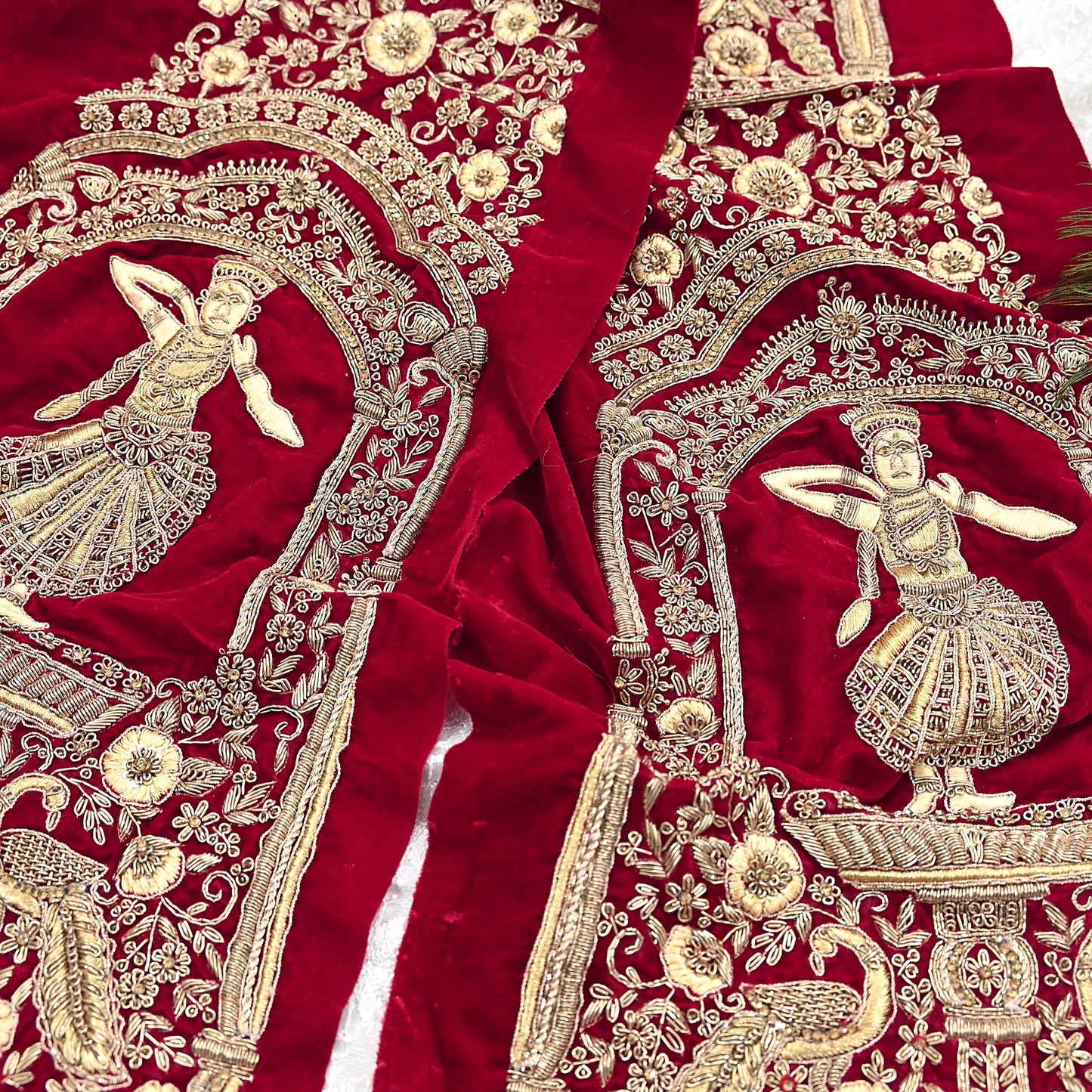 Indian Vintage Red velvet Appliques  Set of 1 Hand-Embroidered Floral Patches with Zardozi,Dabka, Zari,for Craft, Journals