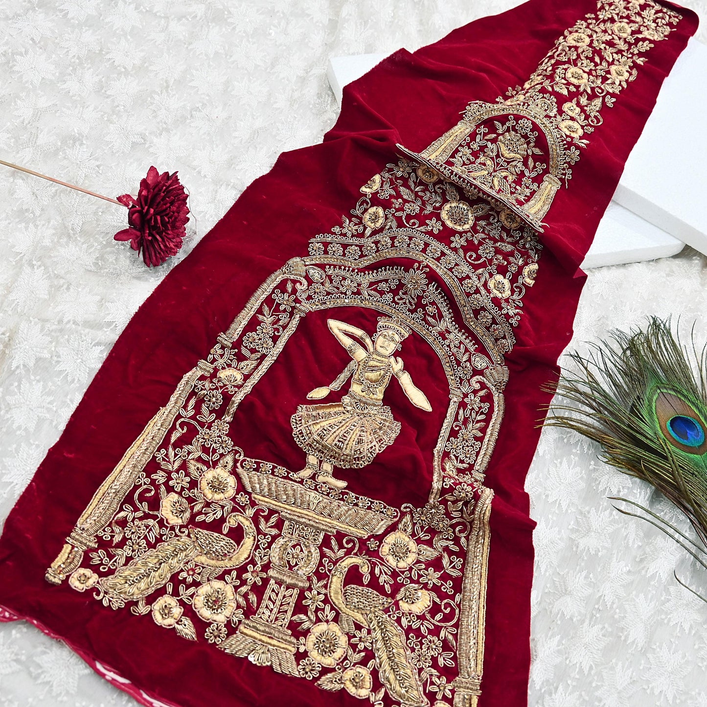 Indian Vintage Red velvet Appliques  Set of 1 Hand-Embroidered Floral Patches with Zardozi,Dabka, Zari,for Craft, Journals