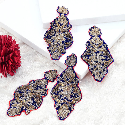 Indian Vintage Blue velvet Appliques  Set of 4 | Hand-Embroidered Floral Patches with Zardozi,Dabka, Zari,for Craft, Journals