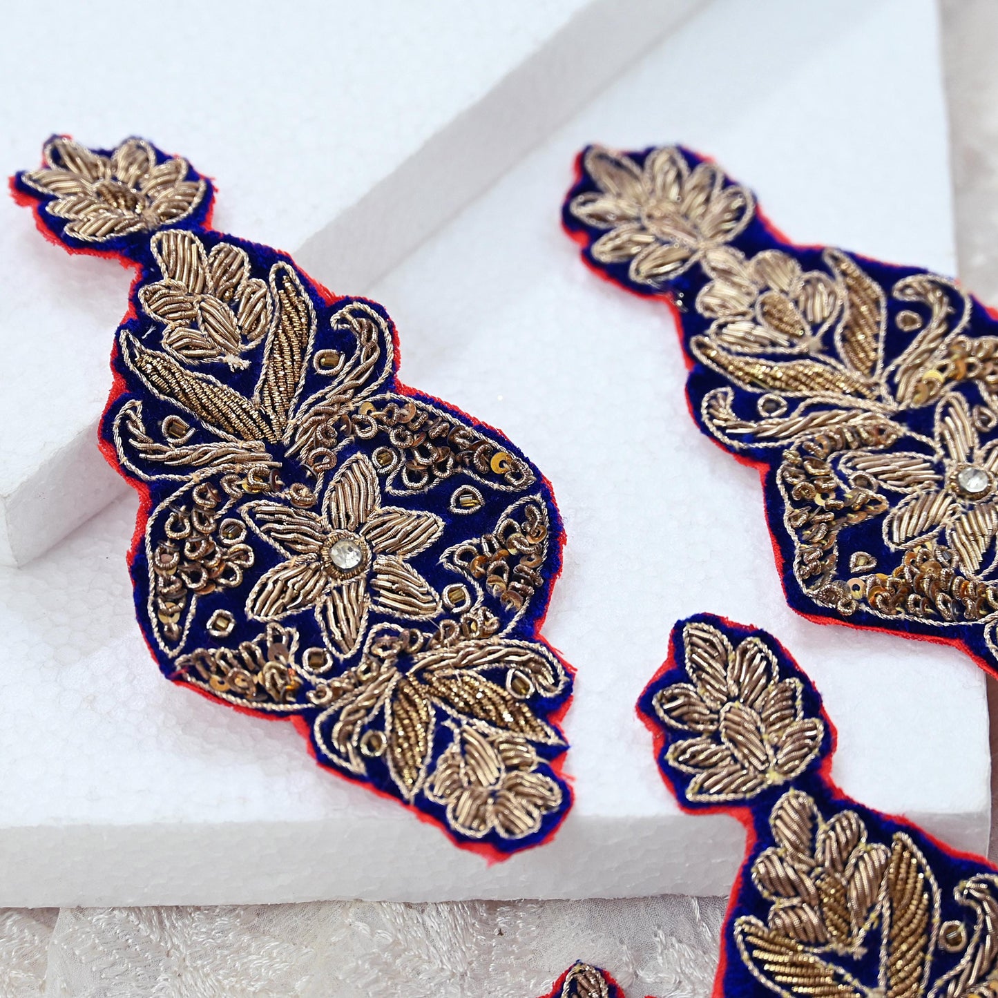 Indian Vintage Blue velvet Appliques  Set of 4 | Hand-Embroidered Floral Patches with Zardozi,Dabka, Zari,for Craft, Journals