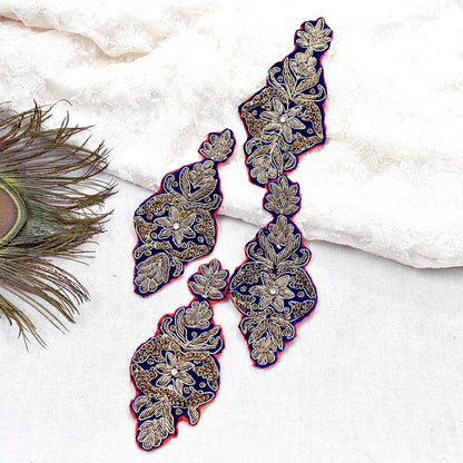 Indian Vintage Blue velvet Appliques  Set of 4 | Hand-Embroidered Floral Patches with Zardozi,Dabka, Zari,for Craft, Journals