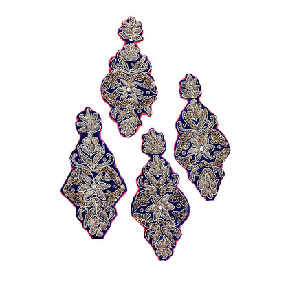 Indian Vintage Blue velvet Appliques  Set of 4 | Hand-Embroidered Floral Patches with Zardozi,Dabka, Zari,for Craft, Journals