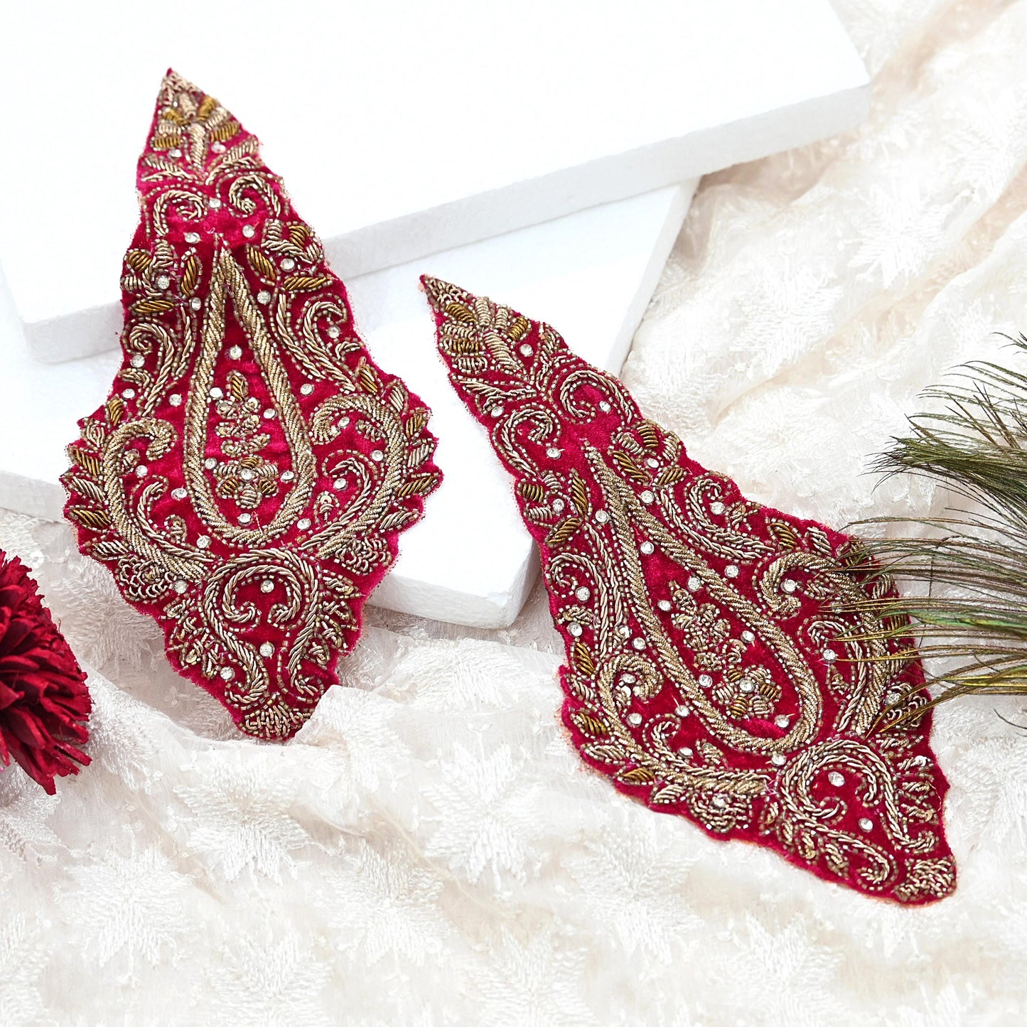 Indian Vintage Pink velvet Appliques  Set of 2 | Hand-Embroidered Floral Patches with Zardozi,Dabka, Zari,for Craft, Journals