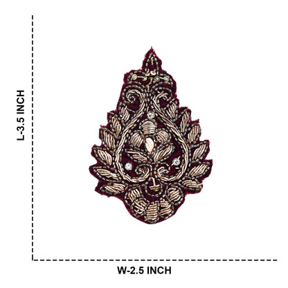 Indian Vintage Maroon velvet Appliques  Set of 3 | Hand-Embroidered Floral Patches with Zardozi,Dabka, Zari,for Craft, Journals