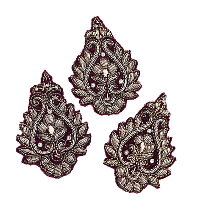 Indian Vintage Maroon velvet Appliques  Set of 3 | Hand-Embroidered Floral Patches with Zardozi,Dabka, Zari,for Craft, Journals