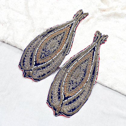 Indian Vintage Blue velvet Appliques  Set of 2 | Hand-Embroidered Floral Patches with Zardozi,Dabka, Zari,for Craft, Journals