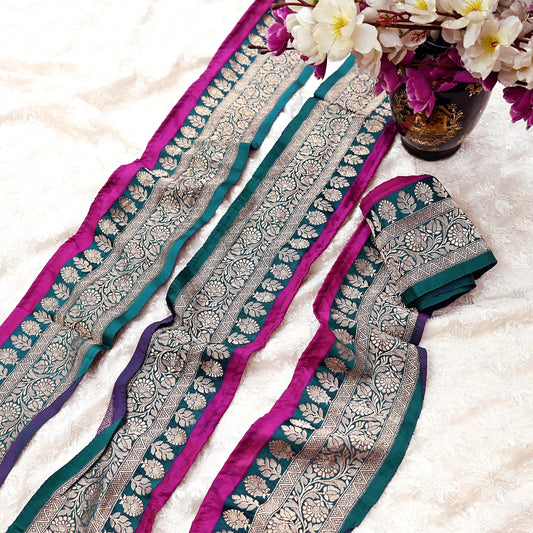 Vintage Banarasi Silk Border Trim 1 Yard Teal & Purple Zari Woven Ribbon Recycled Saree Lace for Sewing, Crafts, Dressmaking Home Decor
