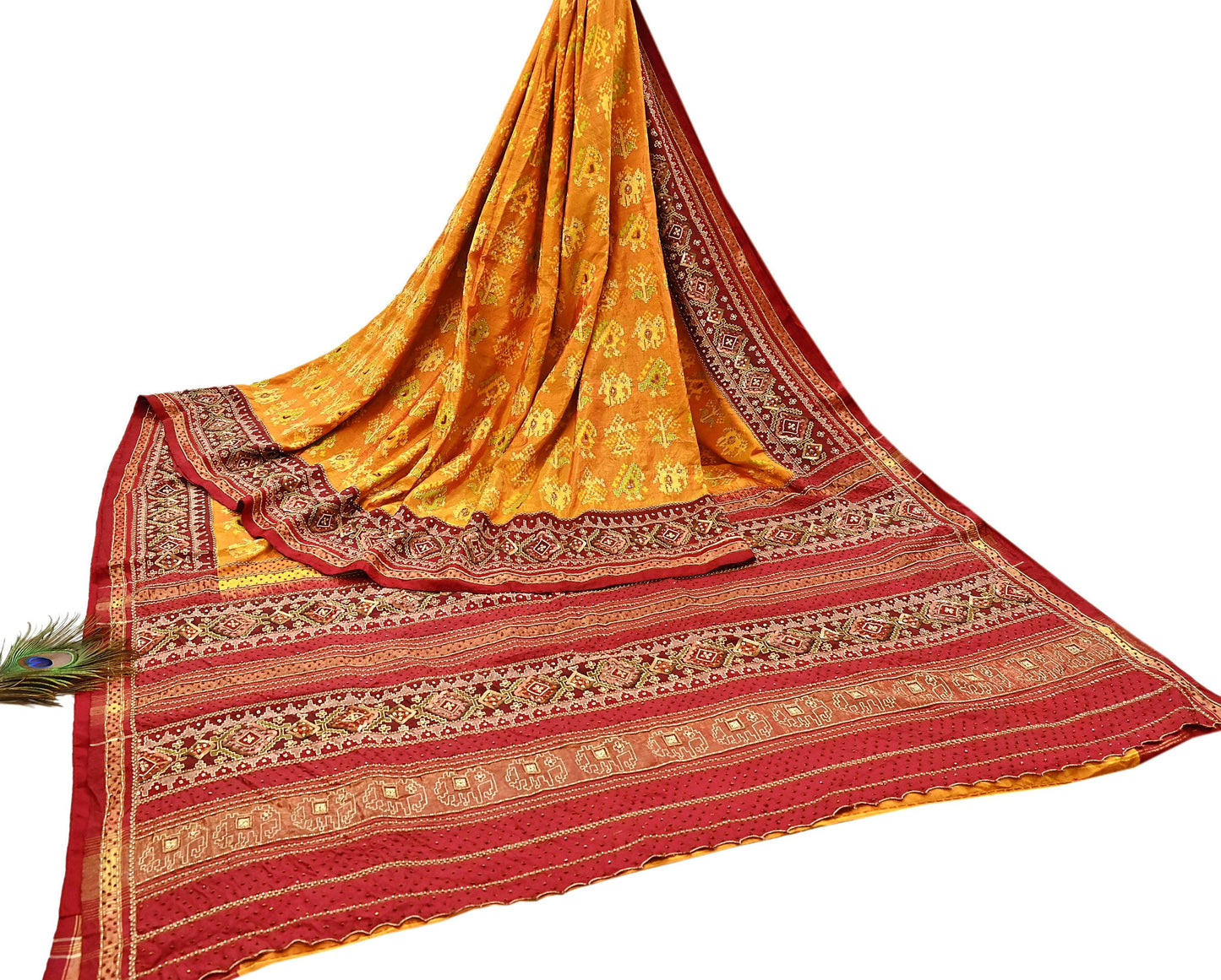 Indian Vintage Saffron & Red Pure Silk Saree Hand Embroidered Woven Ikat Patola Sari Fabric 5Yard Craft Ethnic Premium Saree Zari