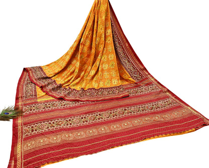 Indian Vintage Saffron & Red Pure Silk Saree Hand Embroidered Woven Ikat Patola Sari Fabric 5Yard Craft Ethnic Premium Saree Zari