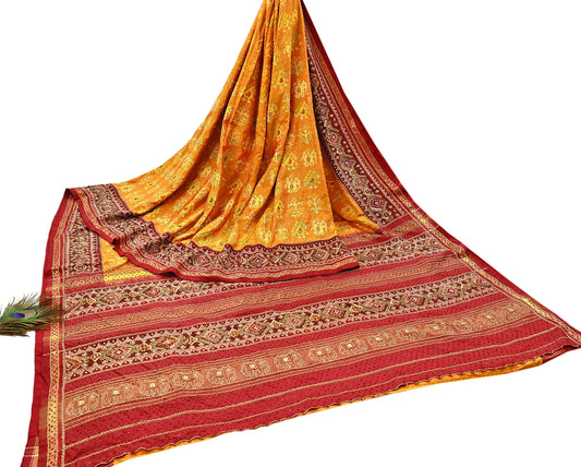 Indian Vintage Saffron & Red Pure Silk Saree Hand Embroidered Woven Ikat Patola Sari Fabric 5Yard Craft Ethnic Premium Saree Zari