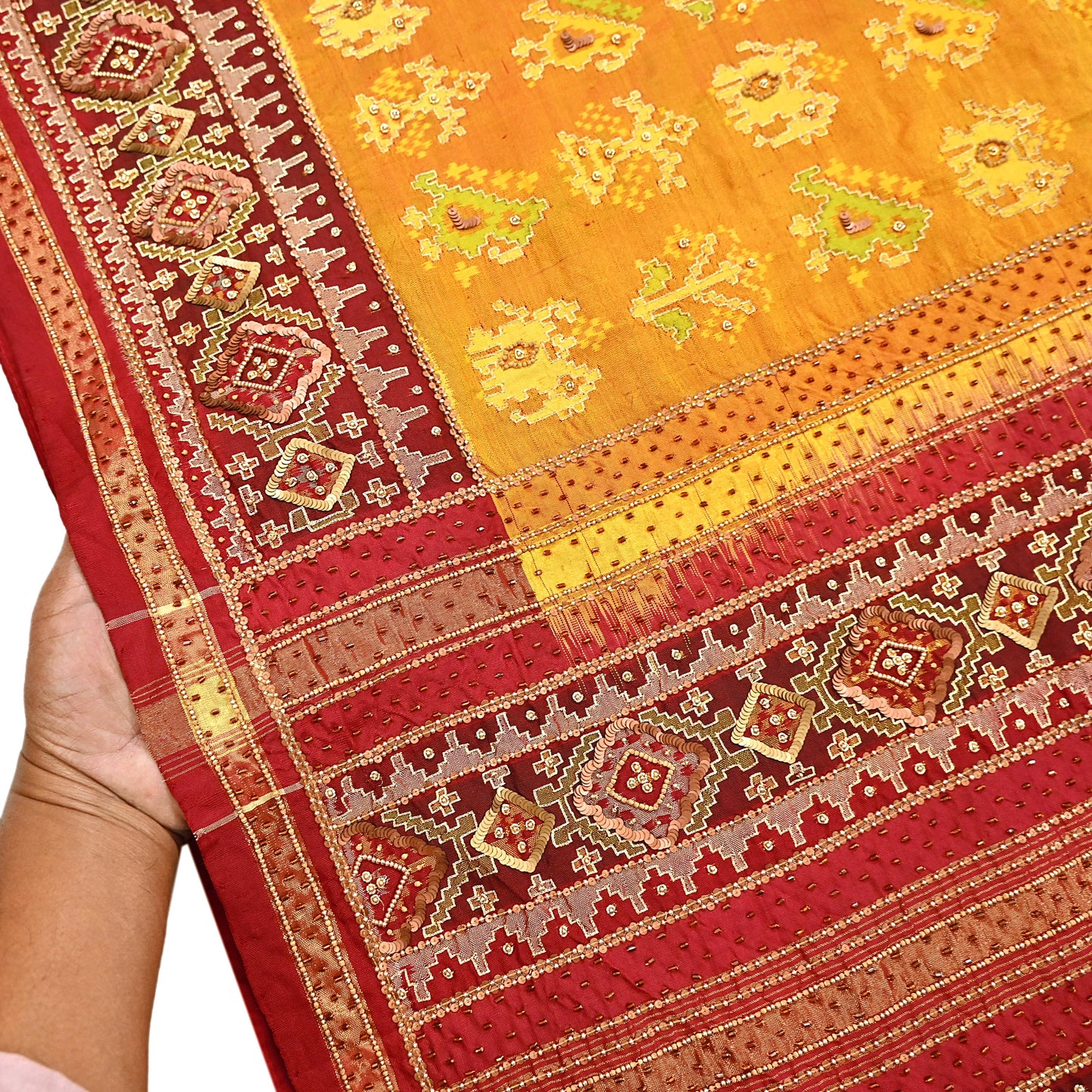 Indian Vintage Saffron & Red Pure Silk Saree Hand Embroidered Woven Ikat Patola Sari Fabric 5Yard Craft Ethnic Premium Saree Zari