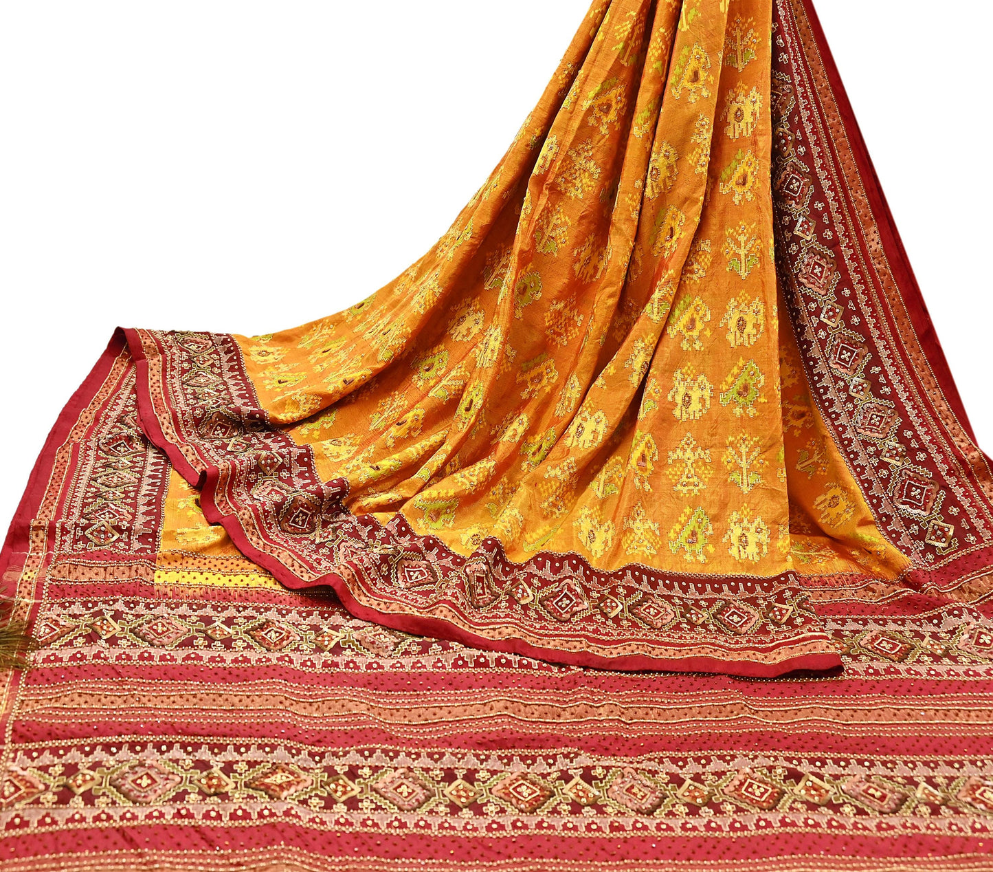 Indian Vintage Saffron & Red Pure Silk Saree Hand Embroidered Woven Ikat Patola Sari Fabric 5Yard Craft Ethnic Premium Saree Zari