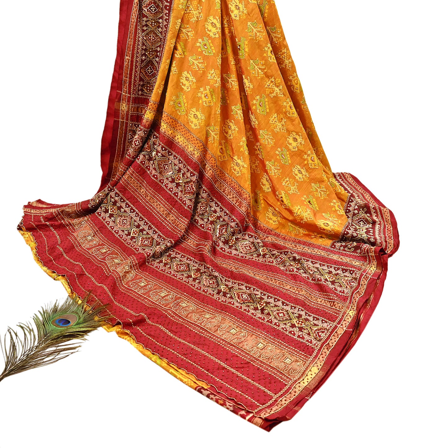 Indian Vintage Saffron & Red Pure Silk Saree Hand Embroidered Woven Ikat Patola Sari Fabric 5Yard Craft Ethnic Premium Saree Zari