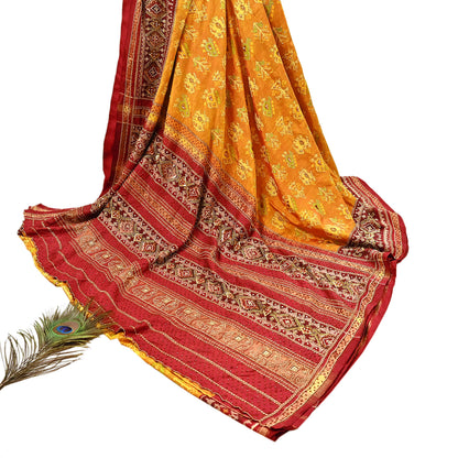 Indian Vintage Saffron & Red Pure Silk Saree Hand Embroidered Woven Ikat Patola Sari Fabric 5Yard Craft Ethnic Premium Saree Zari