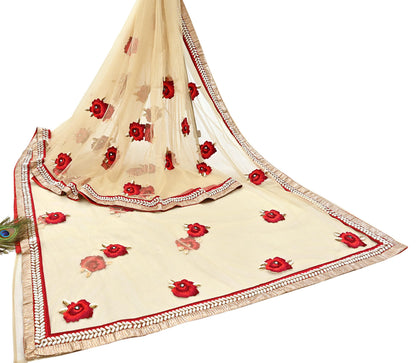 Indian Heavy Sari Beige Net/Mesh Hand Embroidered Sarees Designer Abu Jani 6Yd Sewing Ethnic Sequins Wedding/Party wear Saree