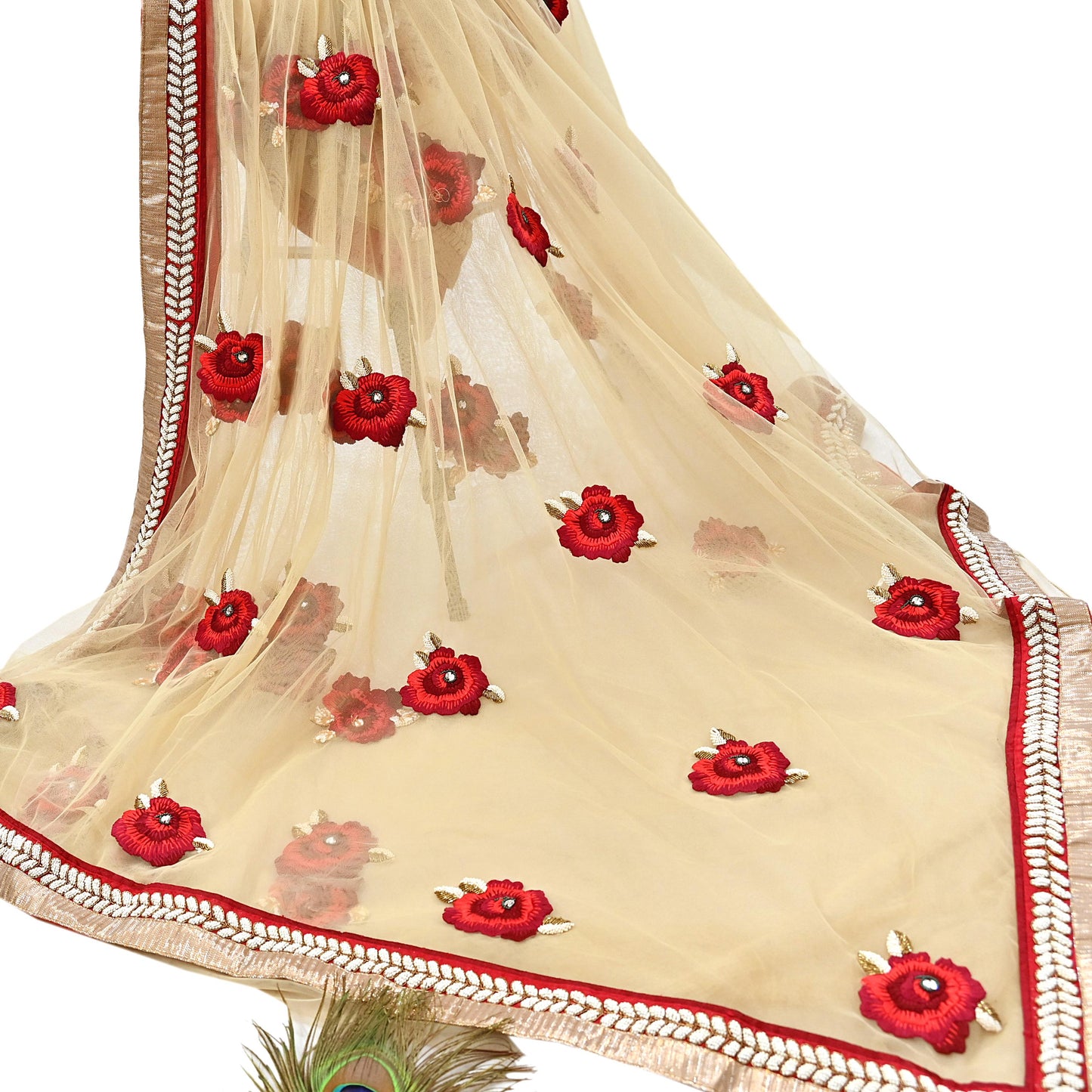 Indian Heavy Sari Beige Net/Mesh Hand Embroidered Sarees Designer Abu Jani 6Yd Sewing Ethnic Sequins Wedding/Party wear Saree