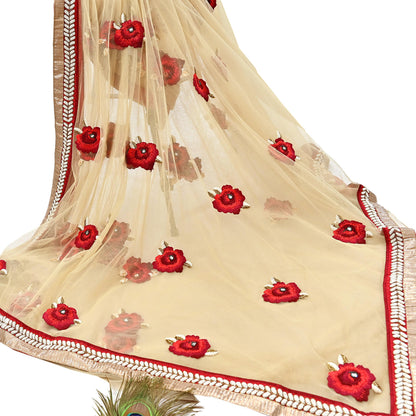 Indian Heavy Sari Beige Net/Mesh Hand Embroidered Sarees Designer Abu Jani 6Yd Sewing Ethnic Sequins Wedding/Party wear Saree