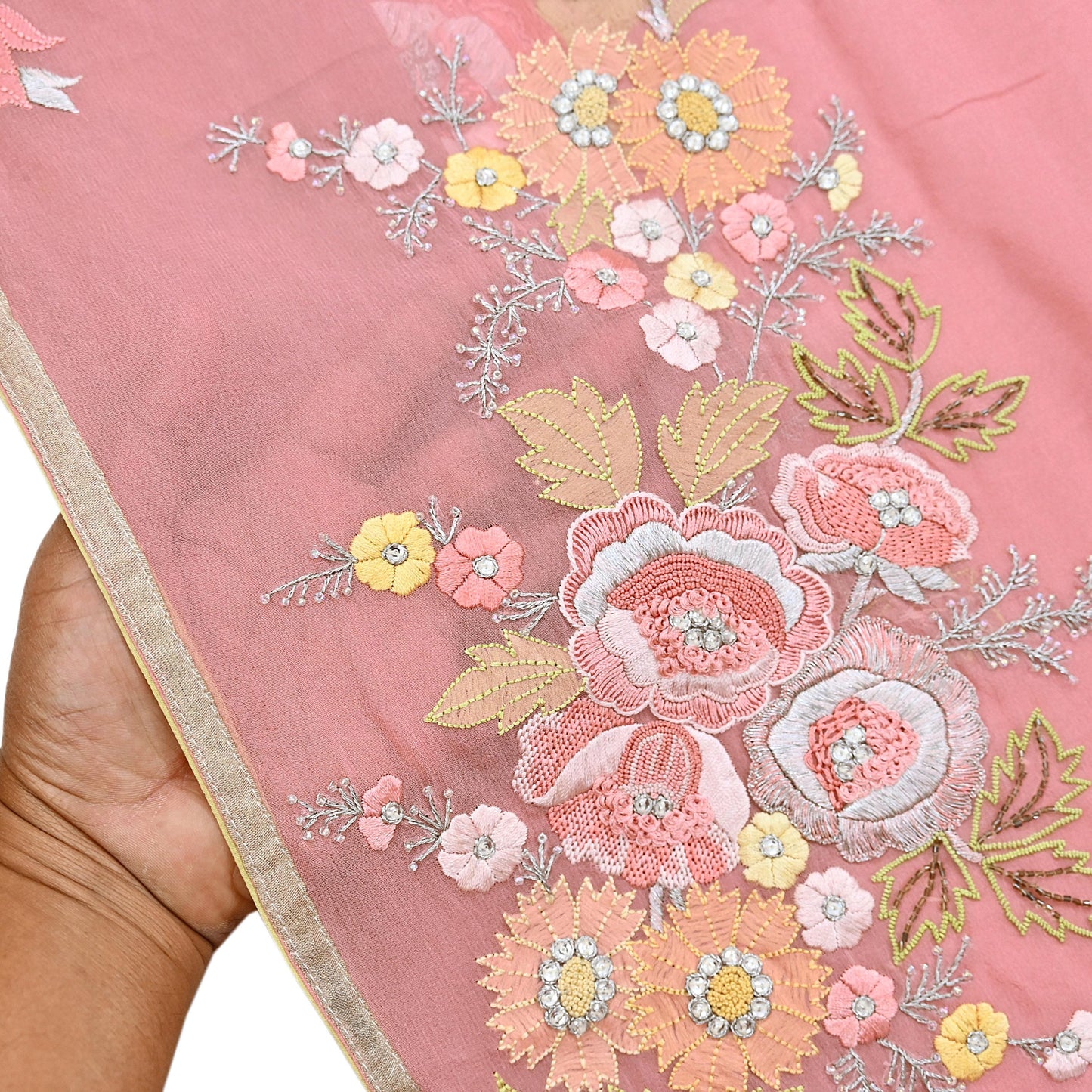 Indian Vintage Heavy Sari Peach Pure Georgette Silk Hand Embroidered Parsi Chain Stitched Sarees Craft Fabric 5Yd Dress making