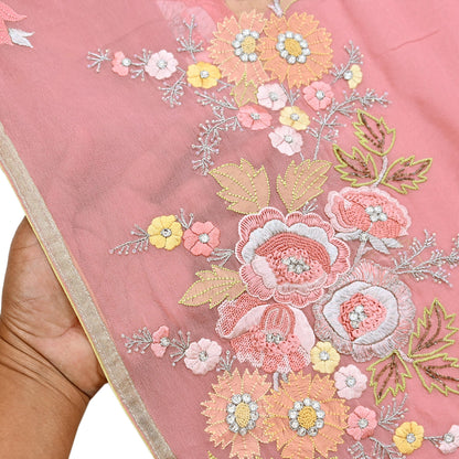 Indian Vintage Heavy Sari Peach Pure Georgette Silk Hand Embroidered Parsi Chain Stitched Sarees Craft Fabric 5Yd Dress making