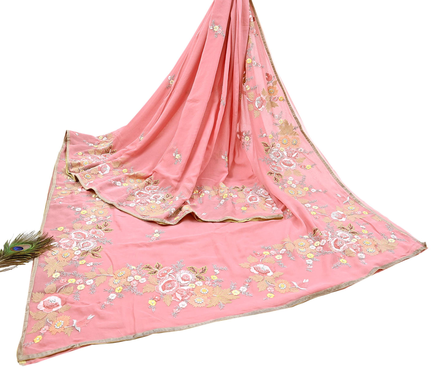 Indian Vintage Heavy Sari Peach Pure Georgette Silk Hand Embroidered Parsi Chain Stitched Sarees Craft Fabric 5Yd Dress making
