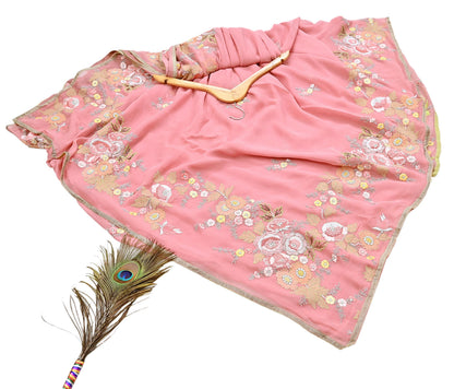 Indian Vintage Heavy Sari Peach Pure Georgette Silk Hand Embroidered Parsi Chain Stitched Sarees Craft Fabric 5Yd Dress making