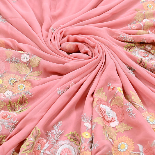 Indian Vintage Heavy Sari Peach Pure Georgette Silk Hand Embroidered Parsi Chain Stitched Sarees Craft Fabric 5Yd Dress making