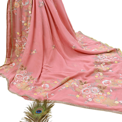Indian Vintage Heavy Sari Peach Pure Georgette Silk Hand Embroidered Parsi Chain Stitched Sarees Craft Fabric 5Yd Dress making