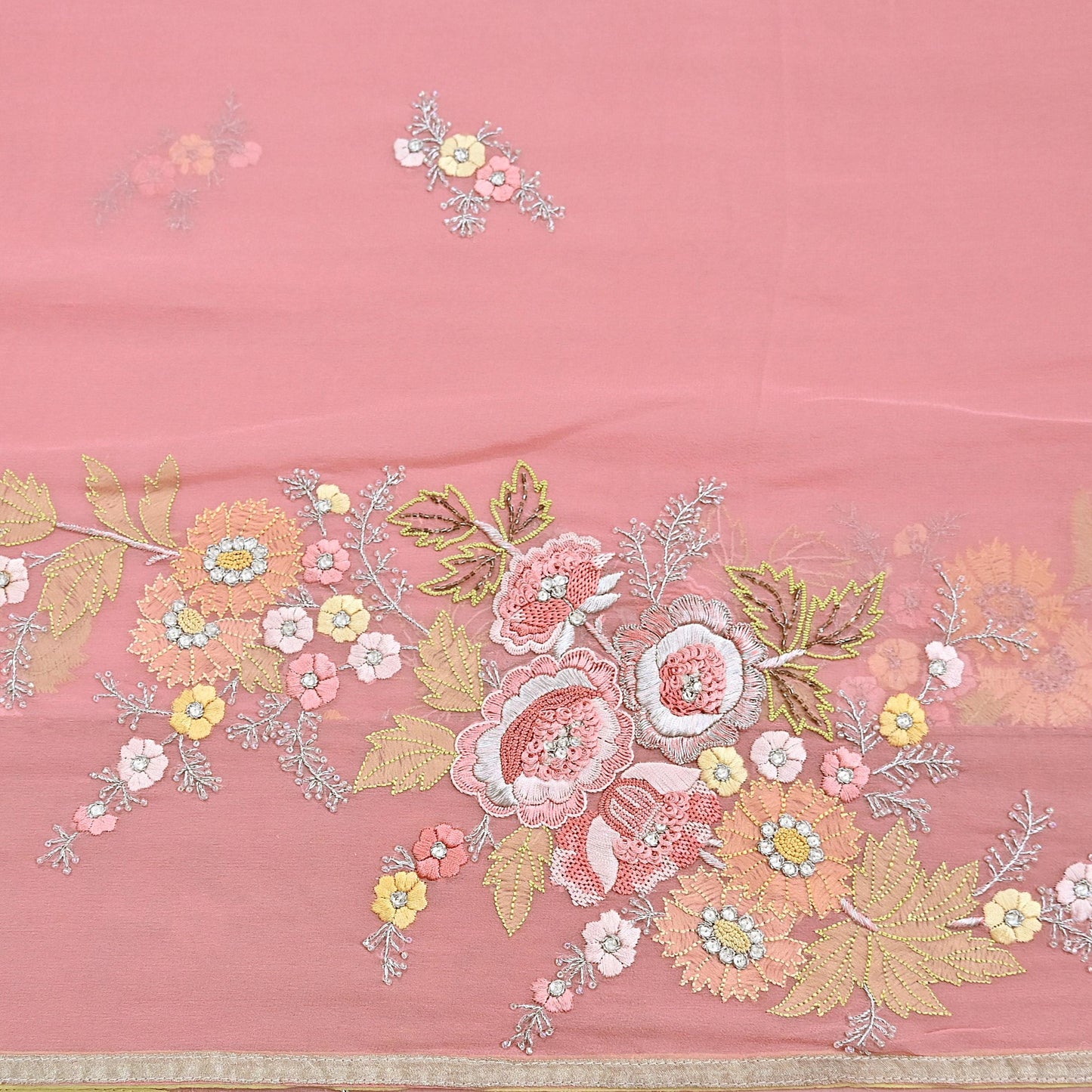 Indian Vintage Heavy Sari Peach Pure Georgette Silk Hand Embroidered Parsi Chain Stitched Sarees Craft Fabric 5Yd Dress making