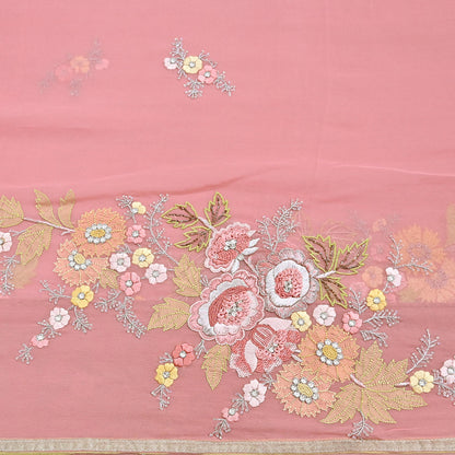 Indian Vintage Heavy Sari Peach Pure Georgette Silk Hand Embroidered Parsi Chain Stitched Sarees Craft Fabric 5Yd Dress making