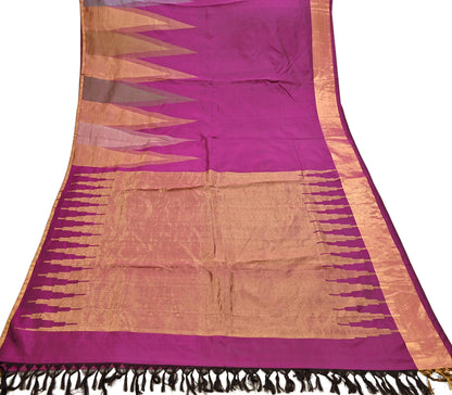 Indian Vintage Heavy Saree Purple Kanchipuram 100% Pure Silk Sari 5Yd Floral Crafting Dress making Ethnic temple Zari Border