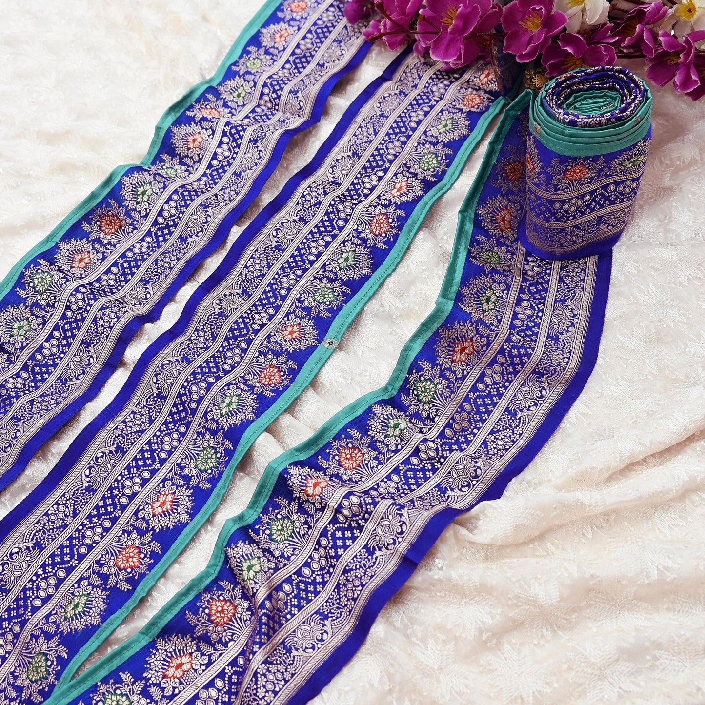 Vintage Banarasi Silk Border Trim 1 Yard Royal Blue Green Zari Ribbon Recycled Saree Fabric Lace for Sewing, Dressmaking & Christmas Crafts