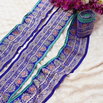 Vintage Banarasi Silk Border Trim 1 Yard Royal Blue Green Zari Ribbon Recycled Saree Fabric Lace for Sewing, Dressmaking & Christmas Crafts