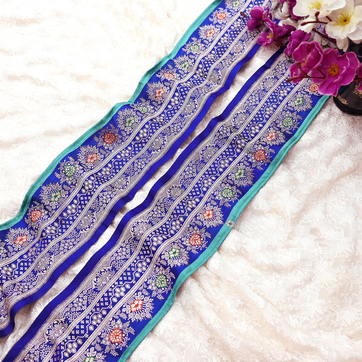 Vintage Banarasi Silk Border Trim 1 Yard Royal Blue Green Zari Ribbon Recycled Saree Fabric Lace for Sewing, Dressmaking & Christmas Crafts