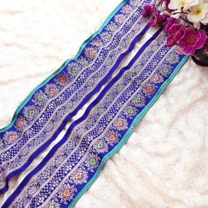 Vintage Banarasi Silk Border Trim 1 Yard Royal Blue Green Zari Ribbon Recycled Saree Fabric Lace for Sewing, Dressmaking & Christmas Crafts