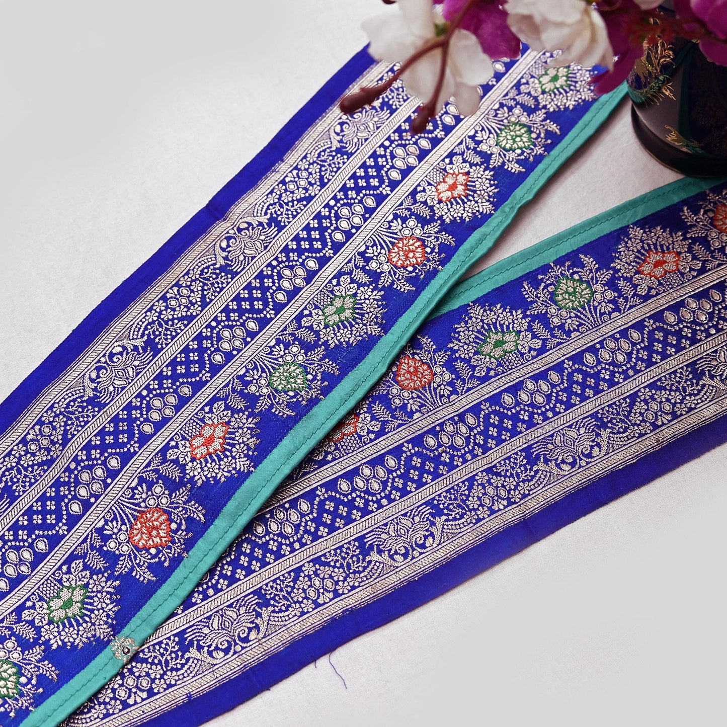 Vintage Banarasi Silk Border Trim 1 Yard Royal Blue Green Zari Ribbon Recycled Saree Fabric Lace for Sewing, Dressmaking & Christmas Crafts