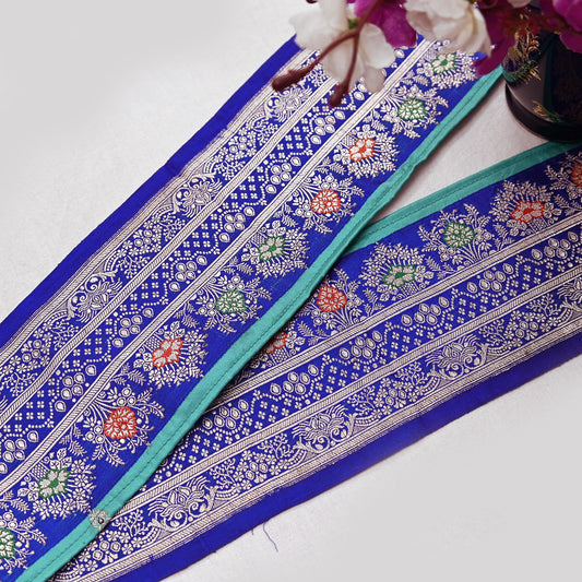 Vintage Banarasi Silk Border Trim 1 Yard Royal Blue Green Zari Ribbon Recycled Saree Fabric Lace for Sewing, Dressmaking & Christmas Crafts