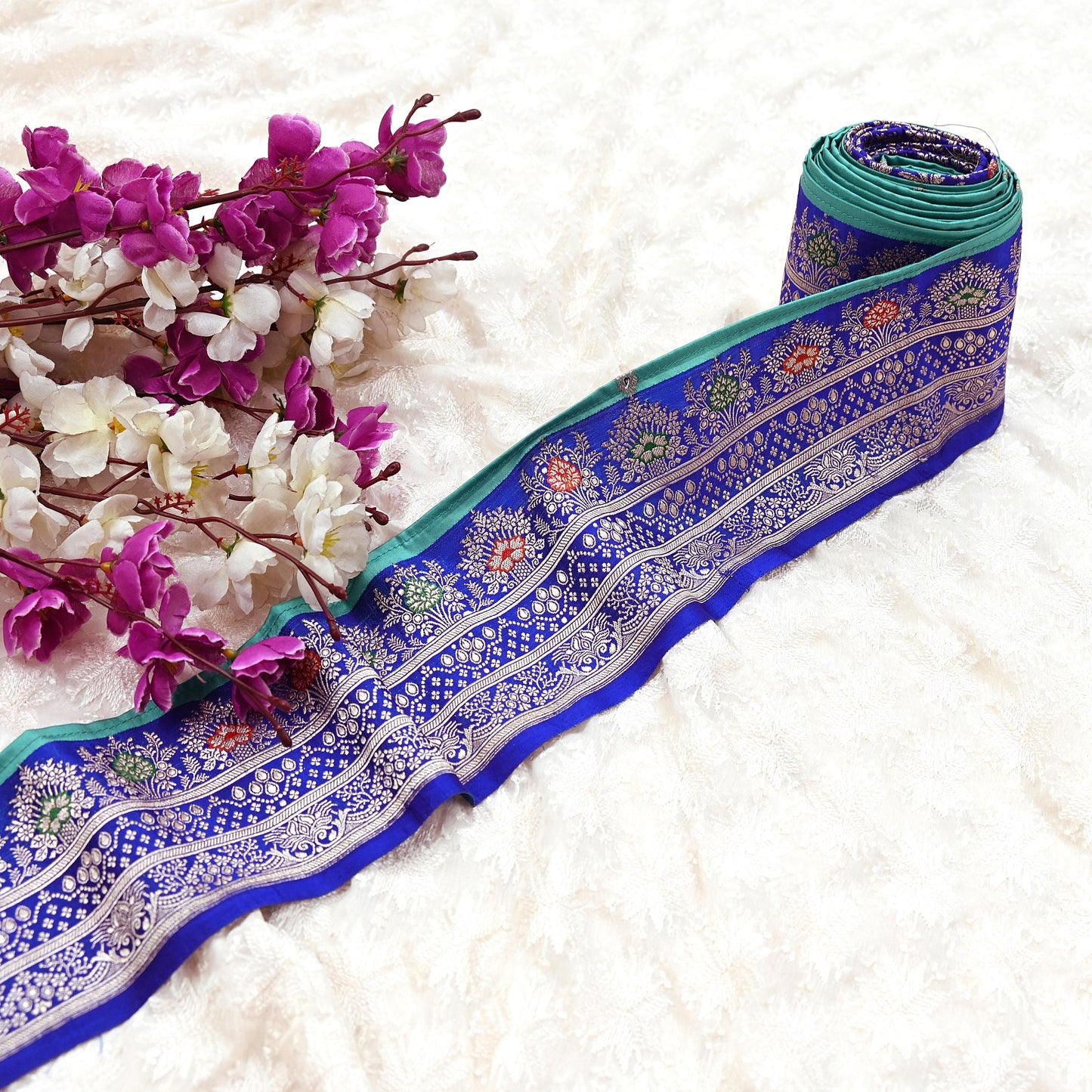 Vintage Banarasi Silk Border Trim 1 Yard Royal Blue Green Zari Ribbon Recycled Saree Fabric Lace for Sewing, Dressmaking & Christmas Crafts
