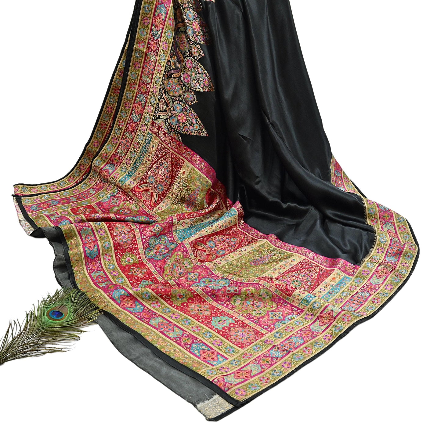 Indian Antique Vintage Heavy Wedding Sari Black Blend Satin Silk Hand Woven Banarasi brocade Sarees Zari 5Yd with blouse