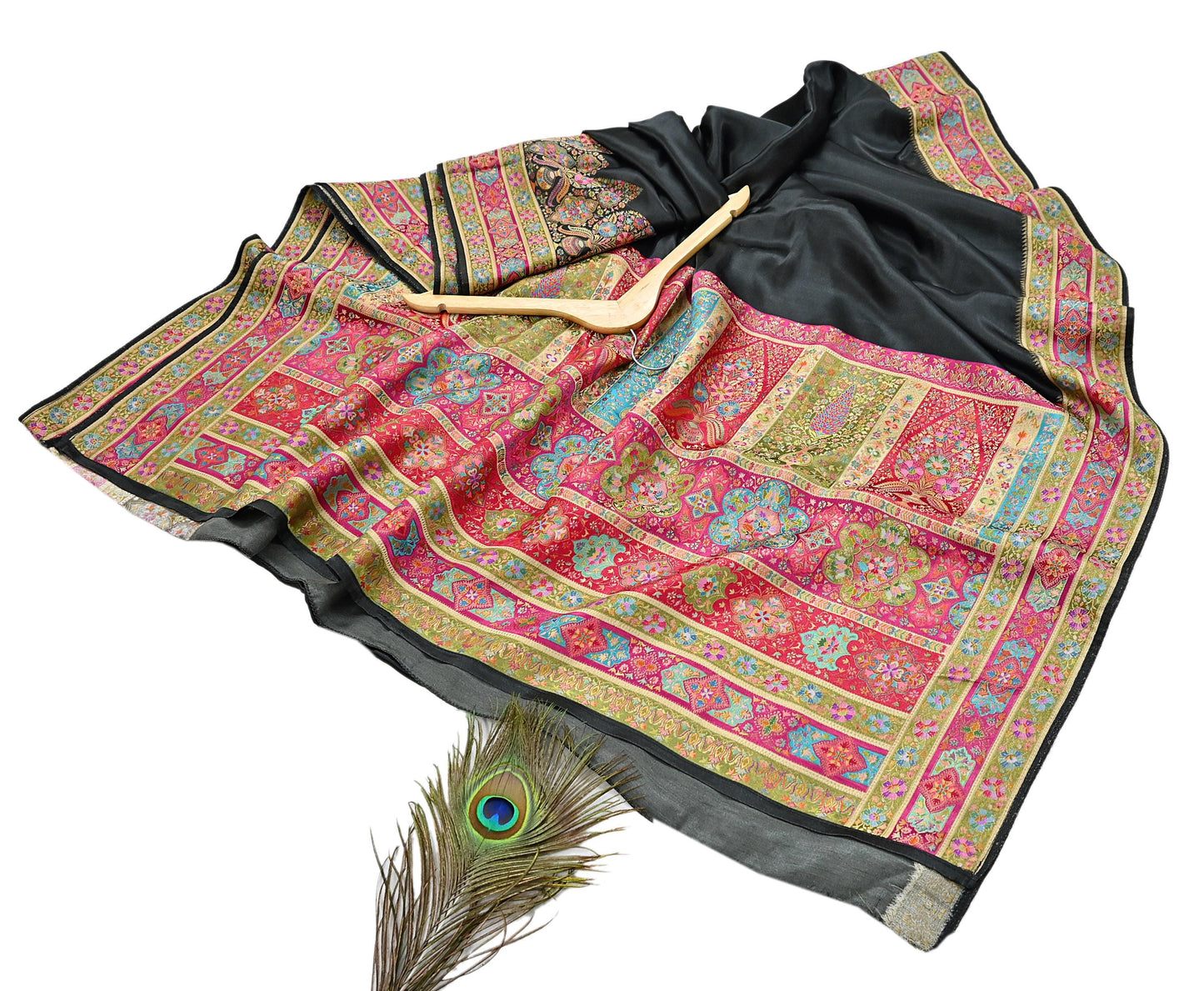 Indian Antique Vintage Heavy Wedding Sari Black Blend Satin Silk Hand Woven Banarasi brocade Sarees Zari 5Yd with blouse
