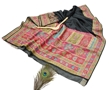 Indian Antique Vintage Heavy Wedding Sari Black Blend Satin Silk Hand Woven Banarasi brocade Sarees Zari 5Yd with blouse
