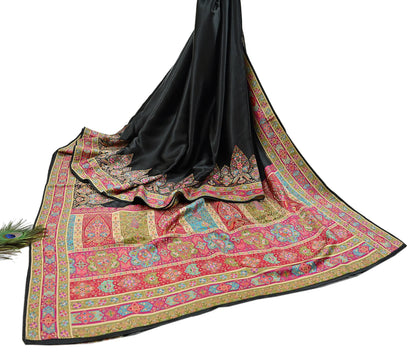 Indian Antique Vintage Heavy Wedding Sari Black Blend Satin Silk Hand Woven Banarasi brocade Sarees Zari 5Yd with blouse