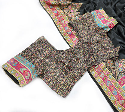 Indian Antique Vintage Heavy Wedding Sari Black Blend Satin Silk Hand Woven Banarasi brocade Sarees Zari 5Yd with blouse