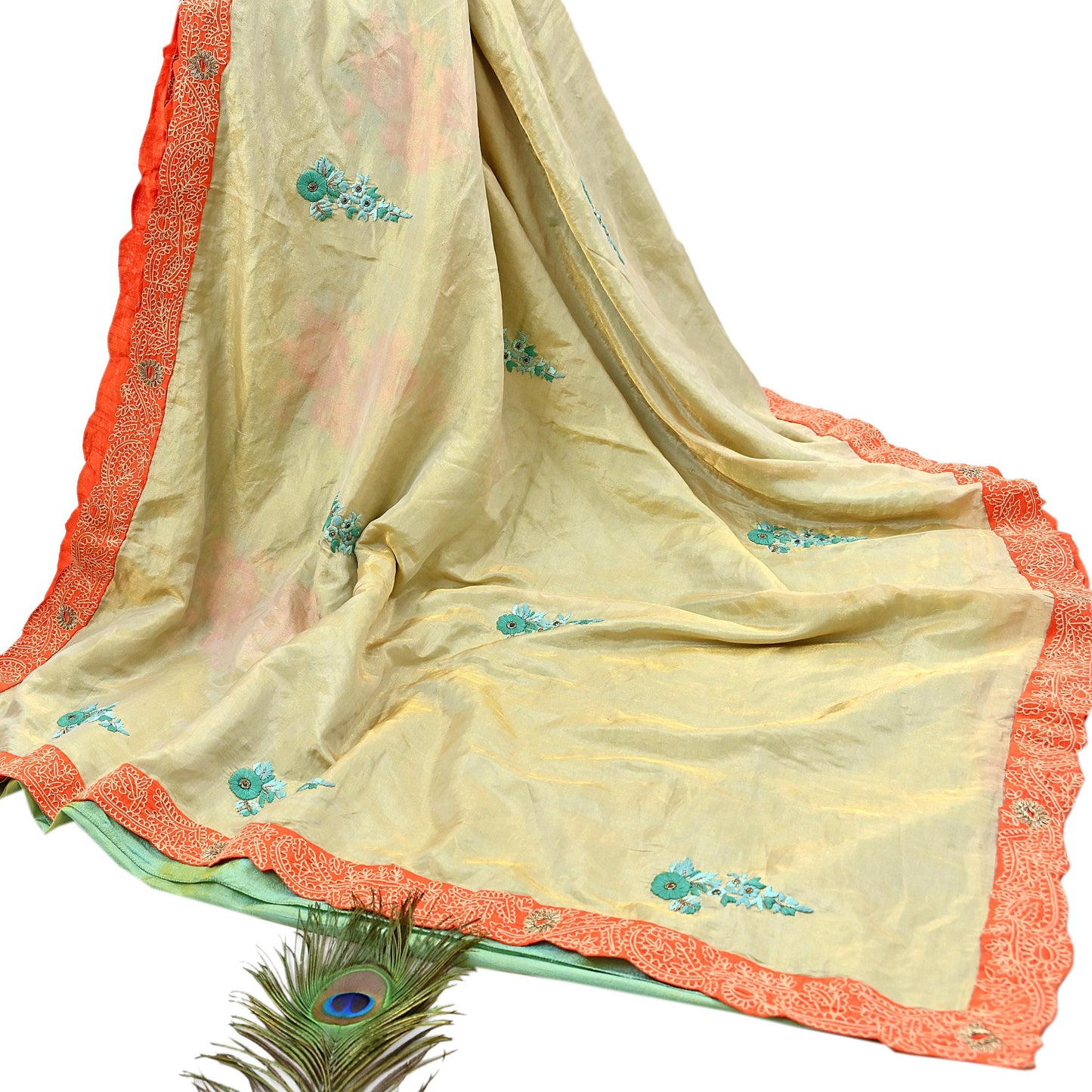 Indian Pre-owned Heavy Sari Golden & Sage Green Pure Silk Hand Embroidered Sarees Designer Abu Jani 5Yd Sewing Ethnic Sarees