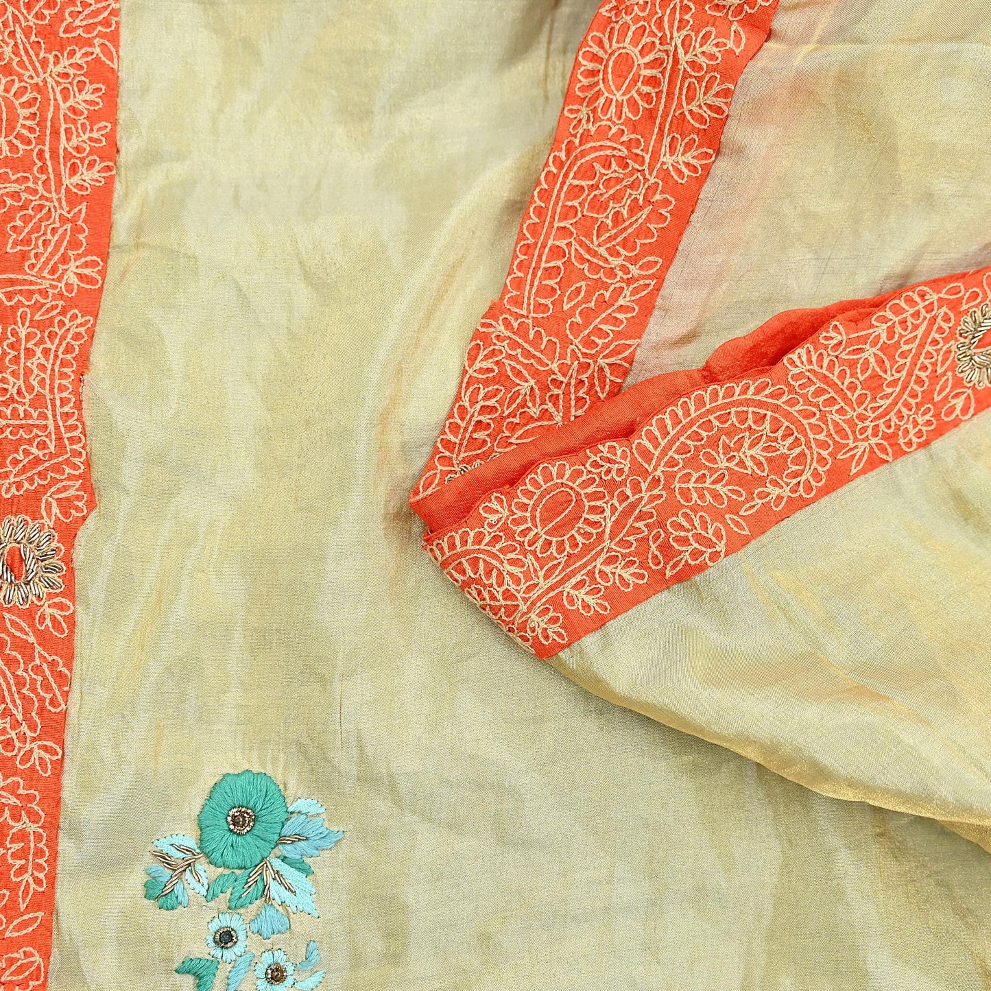 Indian Pre-owned Heavy Sari Golden & Sage Green Pure Silk Hand Embroidered Sarees Designer Abu Jani 5Yd Sewing Ethnic Sarees
