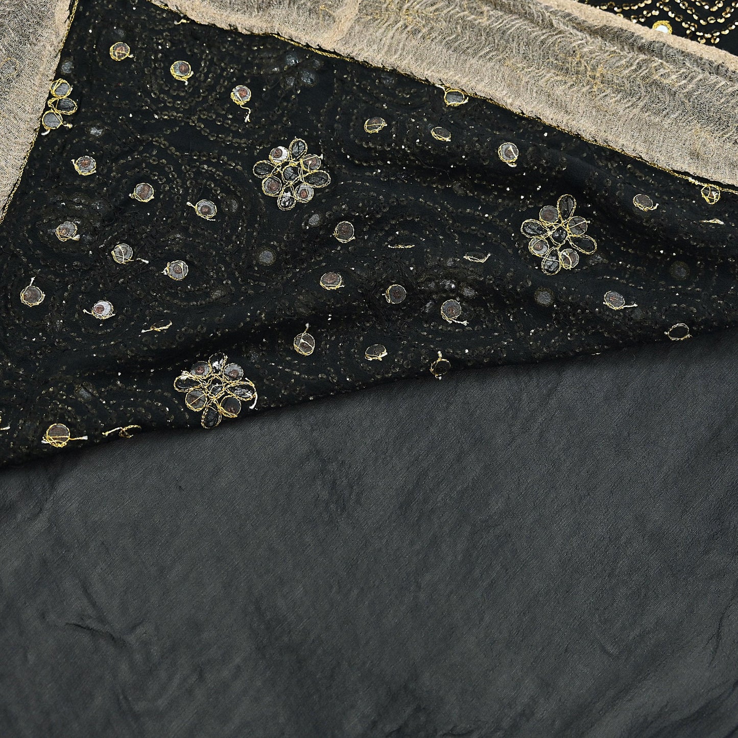 Indian Vintage Heavy Sari Black Pure Georgette Silk Hand Beaded Sarees Craft Fabric 5Yd Soft Ethnic Wedding Sarees