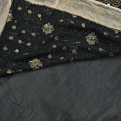 Indian Vintage Heavy Sari Black Pure Georgette Silk Hand Beaded Sarees Craft Fabric 5Yd Soft Ethnic Wedding Sarees
