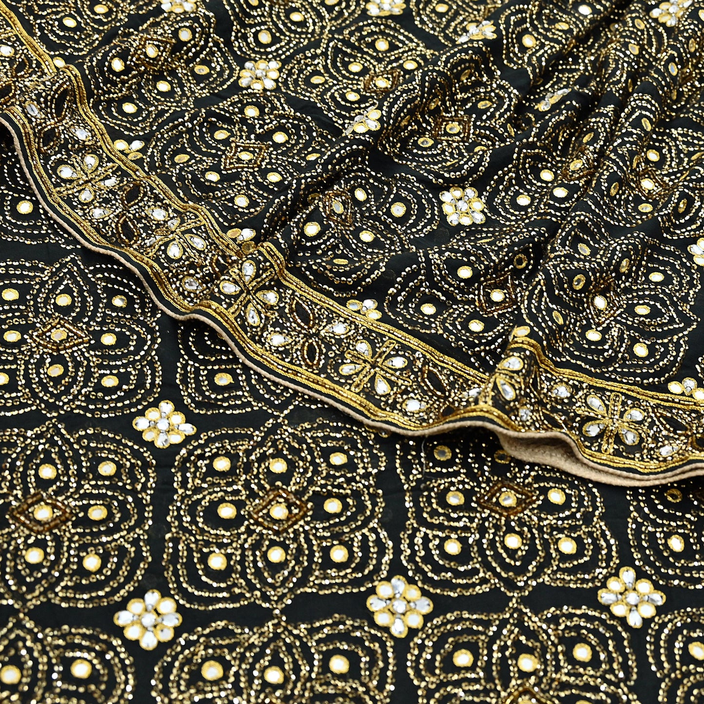 Indian Vintage Heavy Sari Black Pure Georgette Silk Hand Beaded Sarees Craft Fabric 5Yd Soft Ethnic Wedding Sarees