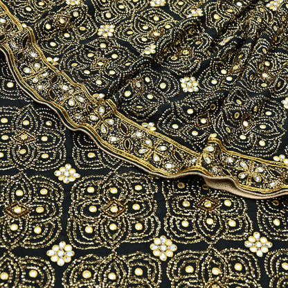 Indian Vintage Heavy Sari Black Pure Georgette Silk Hand Beaded Sarees Craft Fabric 5Yd Soft Ethnic Wedding Sarees
