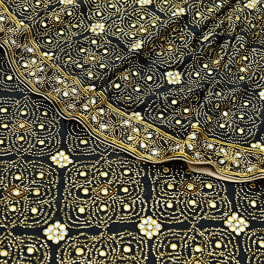 Indian Vintage Heavy Sari Black Pure Georgette Silk Hand Beaded Sarees Craft Fabric 5Yd Soft Ethnic Wedding Sarees